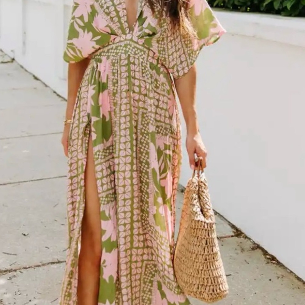 Vici Pink and Green Wrap Maxi Dress with Flutter Sleeves